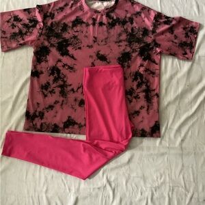 2 PC :Pink and Black Tie-Dye Top with Bright Pink Leggings
